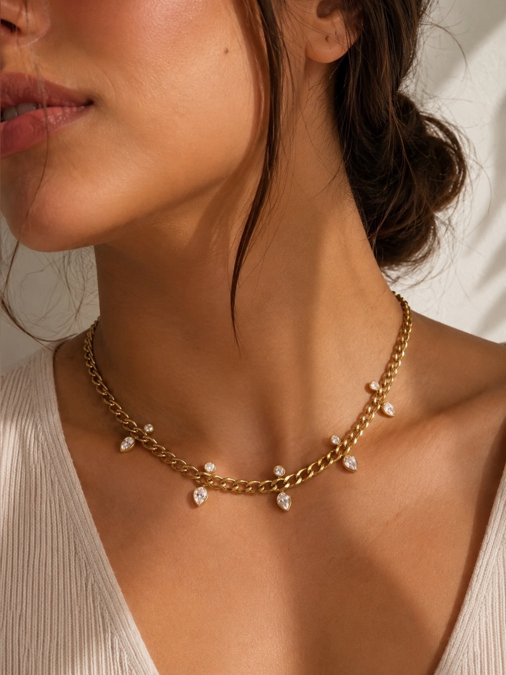18K Gold Plated Cubic Zirconia Teardrop Charm Necklace - Picture 2 of 10